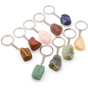 Natural Raw Stone Keychain Irregular Crystal Mineral Pendant Tiger Eye Rose Quartz Amethyst Lapis Lazuli Healing Key Ring Gift