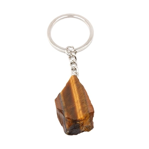 Natural tiger eye raw stone keychain with brown striped texture and silver metal ring