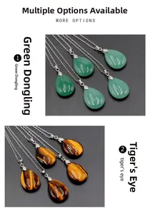 Macro detail of tear-drop green aventurine and tiger eye stone pendants with silver clasps
