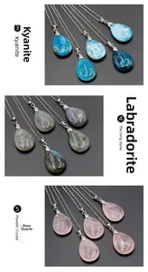 Detailed view of teardrop pendants in kyanite, labradorite, and rose quartz stone