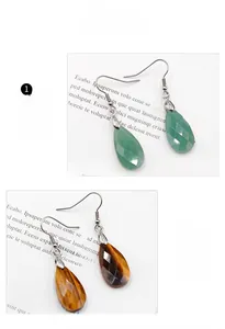 Macro detail of faceted teardrop earrings in aventurine and tiger's eye stone