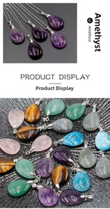 Various teardrop gemstone pendants including amethyst and tiger eye with silver metal clasps