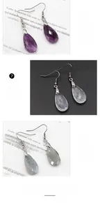 Detail of faceted drop earrings in amethyst, white crystal and labradorite stones