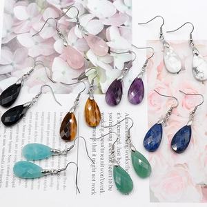 Natural teardrop faceted crystal drop earrings with silver metal hooks for women
