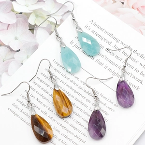 Macro detail of faceted teardrop crystal earrings in amethyst, amazonite and tiger eye