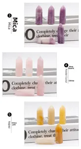Vertical display showing mica, rose quartz and topaz hexagonal natural crystal prisms