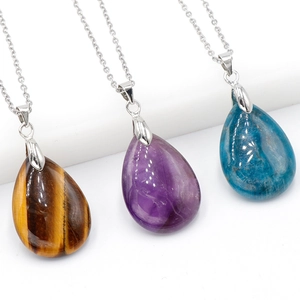 Natural Amethyst Crystal Teardrop Pendant Necklace Rose Quartz Tiger Eye Healing Stone Jewelry For Women Girls