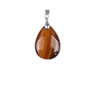 Water drop tiger eye stone pendant with silver metal clasp on white background