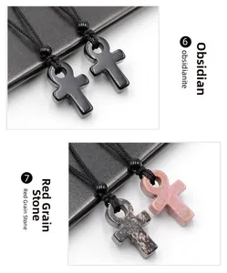 Pendentifs croix Ankh polis en obsidienne et rhodochrosite avec cordons tressés