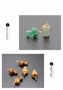 Detail of handmade wire-wrapped mushroom pendants in green aventurine and tiger's eye stone
