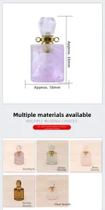 Detalle macro de colgantes de botellas de perfume de cristal natural con medidas