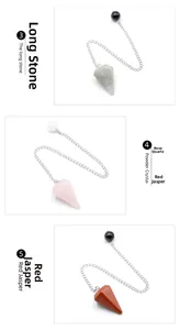 Detailed view of hexagonal labradorite, rose quartz and red jasper crystal dowsing pendulums