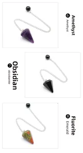 Detailed view of hexagonal amethyst, obsidian, and unakite crystal gemstone dowsing pendulums