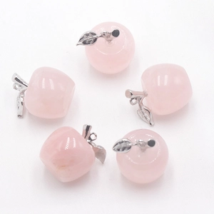 Set of five natural pink crystal apple pendants with silver metal leaf charms