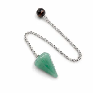 Green aventurine hexagonal pendulum with silver chain and tiger eye bead detail