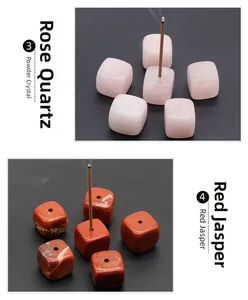 Macro detail of cube-shaped natural Rose Quartz and Red Jasper incense holders