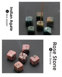 Macro detail of cube-shaped Sea Jasper and Rose Stone incense holders with natural texture