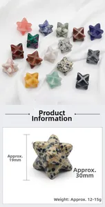 Macro detail of natural crystal Merkaba star ornaments with size and weight dimensions