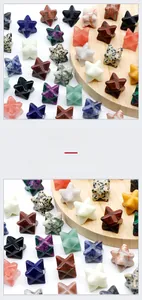 Detailed view of hand-carved natural crystal Merkaba stars in various gemstones and colors