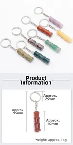 Detailed size chart showing natural crystal bamboo shaped keychain dimensions and weight