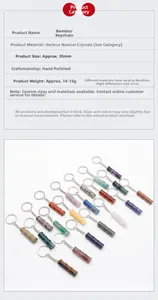 Detail showing natural crystal bamboo-shaped keychains with measurements and multi-color stones