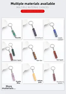 Detail of bamboo shaped gemstone keychains in amethyst, rose quartz and fluorite