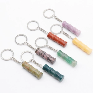 Bamboo Joint Keychain Natural Crystal Semi Precious Stone Bag Pendant Retro Good Luck Charm Accessories
