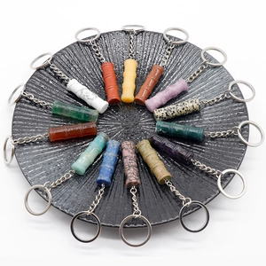 Bamboo shaped natural crystal and agate keychains in various colorful gemstones