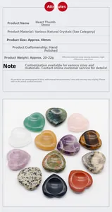 Detail view of 40mm heart-shaped crystal thumb stones with dimensions and various gemstones