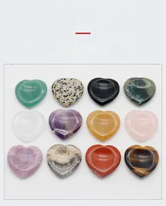 Detailed grid view of twelve polished 40mm heart-shaped natural crystal and agate stones