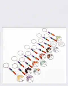 Detailed set of handmade wire-wrapped tree of life keychains with natural crystal beads