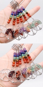 Détail du porte-clés Arbre de Vie avec pierres naturelles chakra et fil de métal argenté