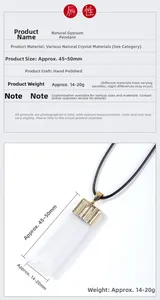 Detailed size chart for natural selenite pendant with gold-plated trim and black cord