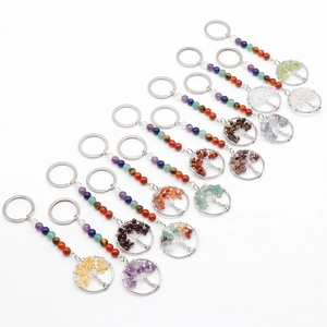 Porte-clés Arbre de Vie avec cristaux de chakra naturels et design filaire sur fond blanc
