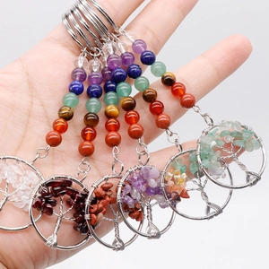 Porte-clés Arbre de Vie chakra avec pierres naturelles et fil métallique artisanal