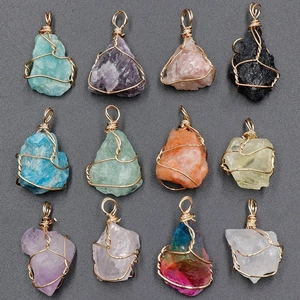 Set of 12 natural raw crystal pendants with handmade gold wire wrap in assorted colors