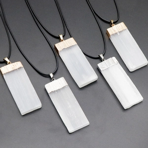 Natural Selenite Crystal Pendant Necklace Rectangle Pillar Raw Stone Gold Silver Plated Edge Healing Gemstone Jewelry For Women