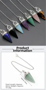 Detailed view of assorted natural stone cone pendants with vintage metal clasp and chain