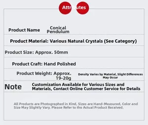 Detailed specifications for conical crystal pendulum showing size and handmade polishing