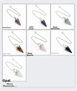 Detailed grid of seven natural stone hexagonal cone pendulums with silver metal chains