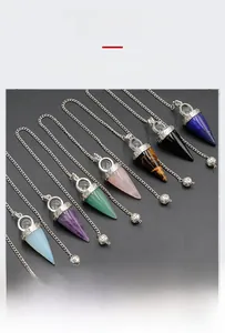 Detailed set of natural hexagonal crystal dowsing pendulums with silver chains
