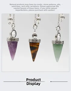 Detailed view of amethyst, tiger eye, and aventurine conical stone pendulums with silver caps