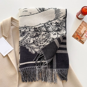 Écharpe femme en imitation cachemire avec motif paysage jacquard noir et blanc à franges