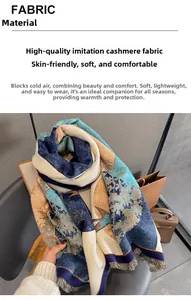 Close-up of imitation cashmere scarf featuring abstract landscape patterns and fine fringe