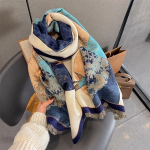 Vintage bird geometric floral cashmere-feel shawl scarf with fringe in abstract colors