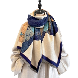 Winter faux cashmere shawl with vintage bird and floral geometric patterns with tassels