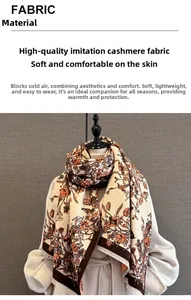 Detail of soft cashmere-like fabric with orange floral print for warm winter scarves