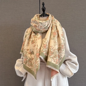 Elegant floral print cashmere-feel pashmina shawl with fringe on beige coat