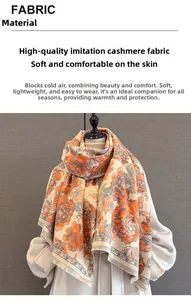 Detail of floral peony jacquard scarf in orange and grey with fringed edges