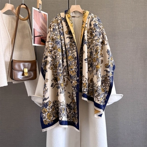Elegant beige floral cashmere-feel shawl with navy blue trim and fringe tassels